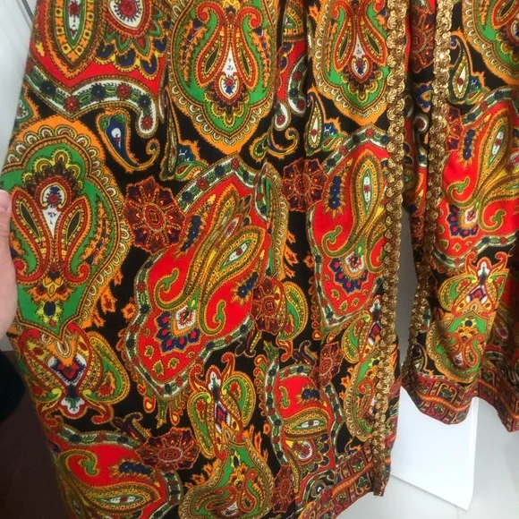 Vintage 60s 70s Psychedelic Paisley Palazzo Jumpsuit Gold Rick Rack Trim S-XS - Picture 7 of 12